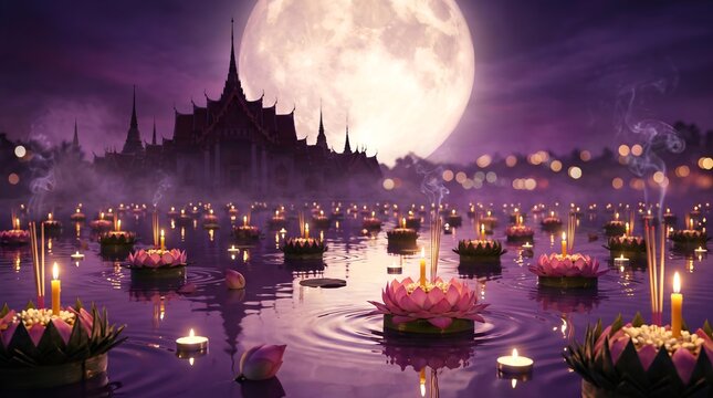 d rendering illustration Loy Krathong festival and Yi Peng festival in thailand krathong from banana leaves, flowers, candles and incense sticks, fullmoon, river, and night ...