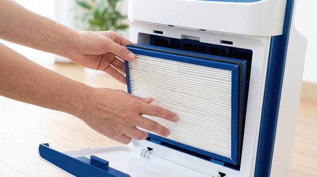 Antiviral medical measures and hygiene practices. Hands install a high-efficiency particulate air filter into a white air purifier unit for clean indoor air.