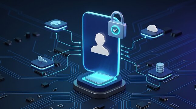 Digital identity verification and secure user login interface with biometric fingerprint icon and padlock symbol on circuit board background for cyber security and personal data protection