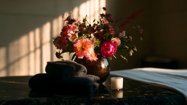 A serene spa setting with vibrant flowers in a vase  folded towels  and a candle on a dark marble surface bathed in warm sunlight