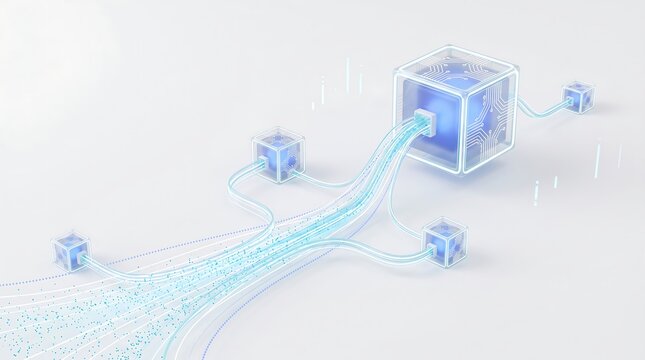 Decentralized data distribution network with glowing fiber optic lines connecting multiple server cubes in a clean minimalist 3d render for scalable cloud computing and information processing