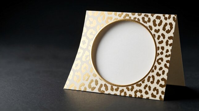 Elegant leopard print greeting card with gold animal pattern. Blank circular window on white folded paper template for wedding invitation birthday card. Luxury safari style design for celebration