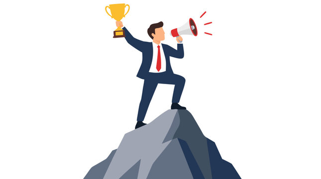 Victorious businessman standing on grey mountain summit holding golden trophy cup aloft while shouting through red megaphone, leadership success concept flat vector artwork on white background