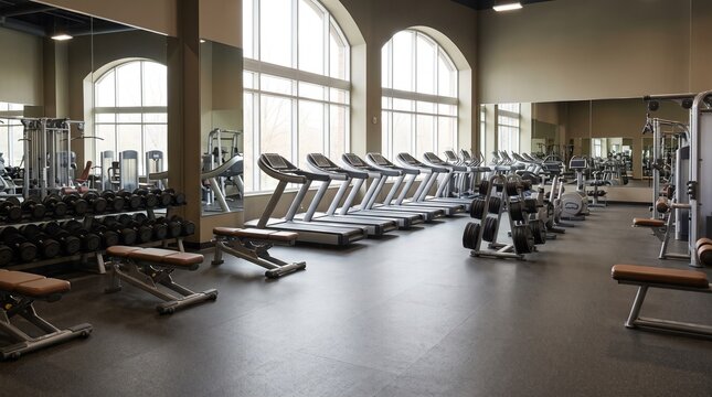 Modern fitness club interior with treadmills, dumbbells and strength training equipment in a bright contemporary gym.