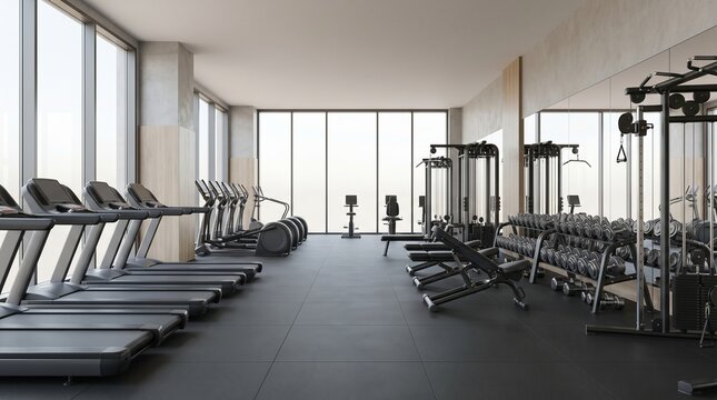 Modern fitness club interior with treadmills, dumbbells and strength training equipment in a bright contemporary gym.