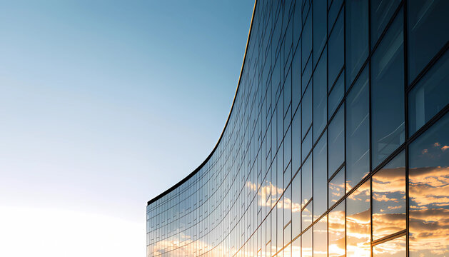 Modern corporate glass skyscraper building with copy space sunset banner