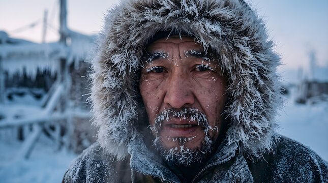 Extra close-up portrait of Indigenous Arctic man shivering in extremely freezing -40&deg;C winter environment