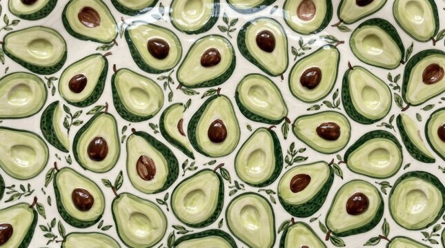 Ceramic Plate Hand Painted With Avocado Pattern Background