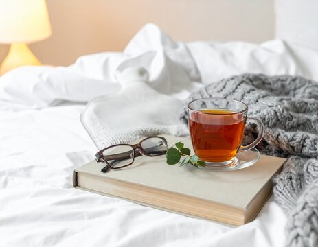 Cozy bedside scene with a knitted white hot water bottle, a closed book, brown reading glasses, a glass cup of tea and a grey knit throw on white bed linen
