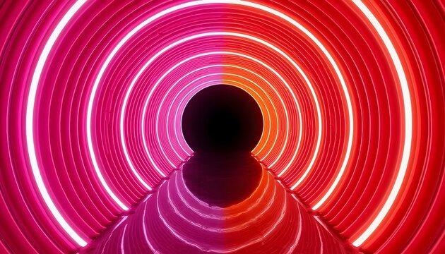 Glowing Neon Concentric Rings Tunnel in Pink and Red Abstract Background
