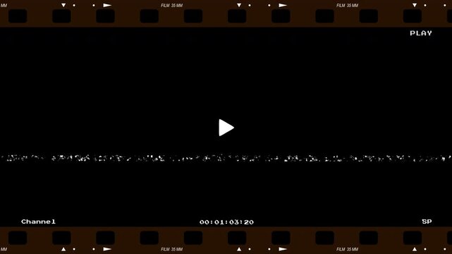 Retro VHS glitch effect with film strip border and running timecode on black background. Old movie defects and analog noise for video overlays and alpha channel matte assets