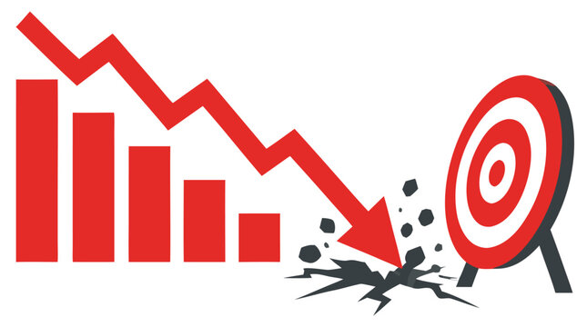 Red falling bar chart with downward arrow crashing into cracked ground before bullseye target, symbolizing financial crisis, failed goals and missed business opportunity concept on white background