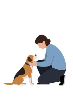 Gentle woman in blue shirt kneeling down to lovingly pet and greet a rescued tricolor beagle hound dog, pet adoption companionship flat vector illustration isolated on a white background