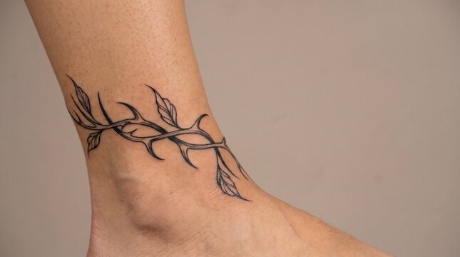 A black ink tattoo wrapping around an ankle like a natural vine bracelet, detailed with sharp curved thorns and small pointed leaves on a smooth stem.