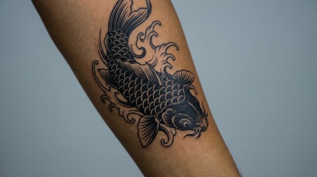 A detailed black ink koi fish tattoo swimming upstream amid splashing ocean waves, featuring detailed scale patterns and traditional shading on an arm.