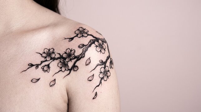 A black ink tattoo of a cherry blossom branch draped over a shoulder blade, featuring detailed open sakura flowers, small buds, and falling floating petals.