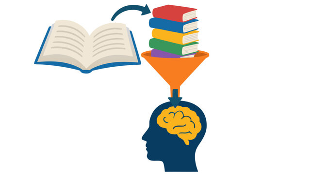 Open book feeding stack of colorful books through funnel into human head silhouette with brain symbolizing knowledge transfer learning education memory intellectual growth on white background