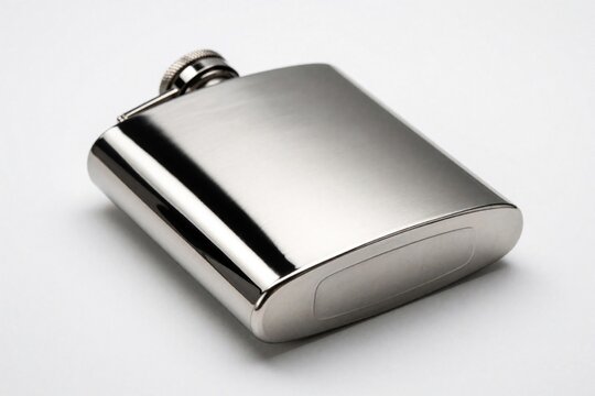 Silver metal flask sits on white background. Polished stainless steel hip flask for whiskey brandy. Single metallic container for alcoholic drink with screw cap. Shiny chrome liquor vessel for men