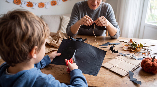 Parent and child make handmade paper bat garland for Halloween at home. Child cuts outlined shape from black sheet while mother handles finished bat and twine. Paper silhouettes lie across table.
