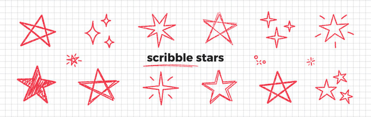 Naklejka na ściany i meble Scribble stars and sparkles doodle set. Hand drawn red crayon and ballpoint pen textures. Rough grunge strokes, sketchy twinkles and childish spark shapes on notebook paper. Vector illustration