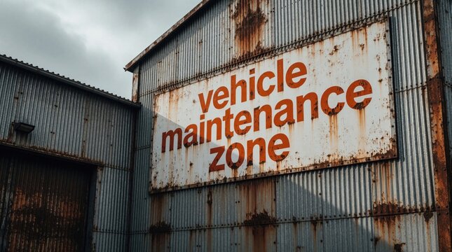 Old industrial building with corrugated metal walls, rust. Large white sign says vehicle maintenance zone in red letters. Weathered exterior of garage workshop shows aged steel texture, vintage decay