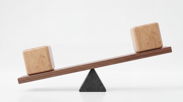 Simple wooden blocks balanced on a seesaw, representing comparison, decision making, and equilibrium, isolated on a plain background