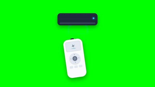 Animated air conditioner unit and remote control on green screen background, indicating climate control, temperature adjustment, and smart home technology for modern comfort