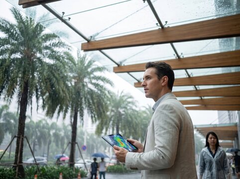 Man with Tablet Managing Tropical Rainy Season Holiday Operations