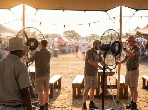 Men setting up fans for southern hemisphere holiday heat safety