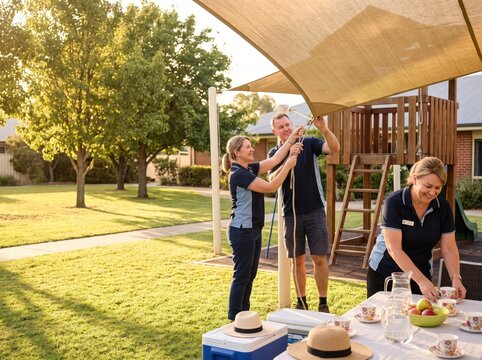 People preparing outdoor area for southern hemisphere holiday heat safety