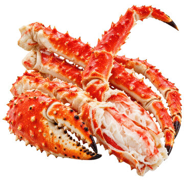 King Crab Legs, Gourmet Seafood Delicacy: A close-up studio shot showcases succulent, bright red king crab legs, a luxurious and sought-after seafood treat.