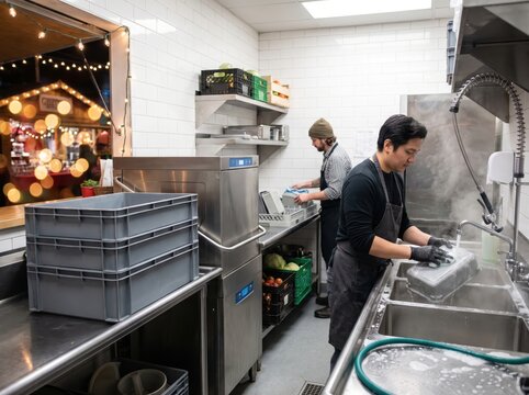 Kitchen Staff Managing Holiday Food Surplus Redistribution With Dishwashing