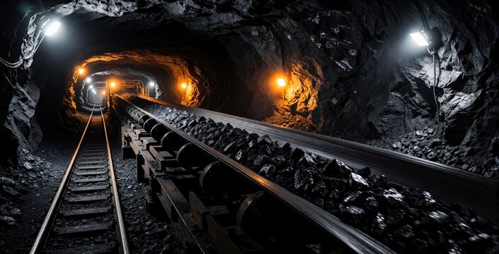 Underground coal mine tunnel with industrial conveyor belt, railway tracks. Dark cavern interior features artificial lights illuminating black coal pieces. Heavy machinery transports energy resources