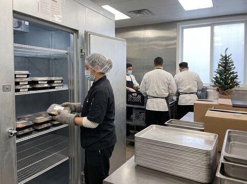Staff managing holiday food surplus redistribution in catering facility