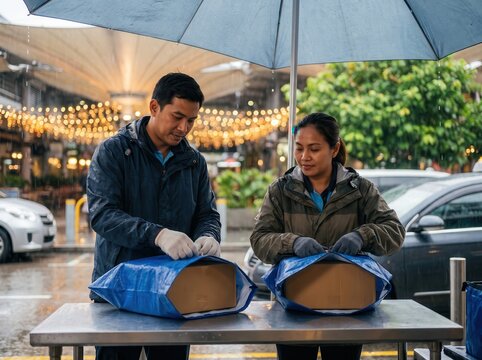 Staff managing tropical rainy season holiday operations at transport hub