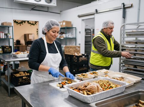 Volunteers preparing holiday food surplus redistribution meals