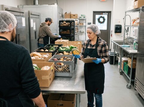 Volunteers organizing holiday food surplus redistribution at nonprofit hub