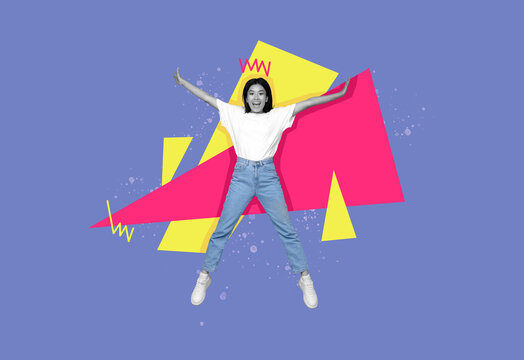 Joyful Young Asian Woman Jumping Happily Against Colorful Geometric Background, Expressing Energy And Excitement In Creative Studio Setting. Positive Vibes And Fun Concept.