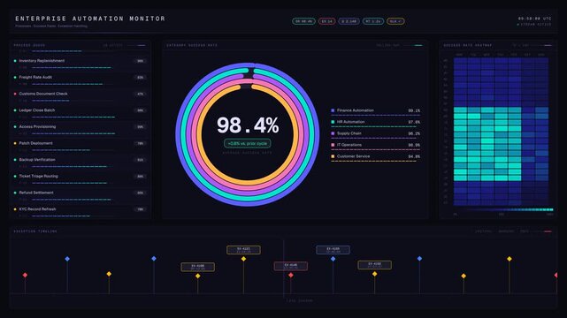 Explore an enterprise automation dashboard showcasing automated processes, success rates, and exception handling in a sleek dark-mode design with dynamic visual elements.