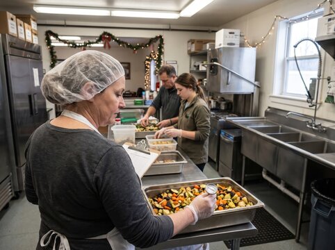 Volunteers preparing holiday food surplus redistribution in community kitchen