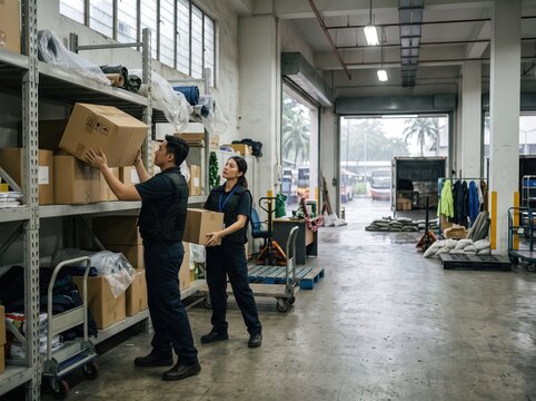 Workers in Warehouse Managing Tropical Rainy Season Holiday Operations