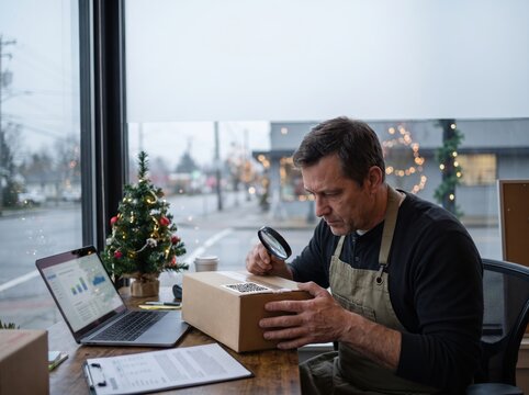 Small Business Employee Inspecting Package for Holiday Delivery Scam Prevention