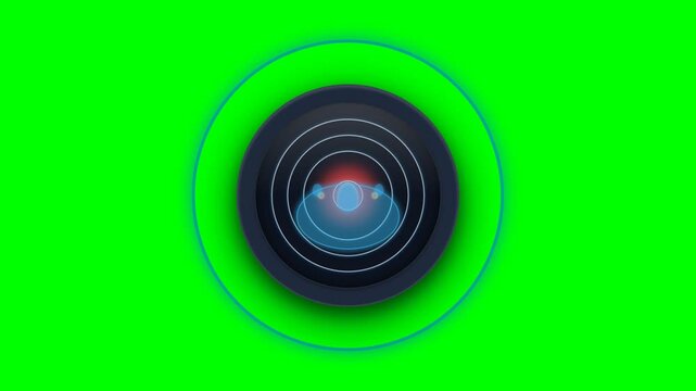 Cinematic digital camera lens animation with pulsating concentric rings and glowing data points on a vibrant green screen background, symbolizing technology, optics, vision, and digital data analysis.