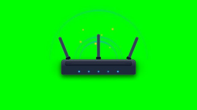 Dynamic wireless router emitting glowing digital signals on green screen background, illustrating broadband internet connection, network connectivity, and seamless data transmission