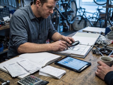 Small Business Owner Reviews Financial Records for Year End Close