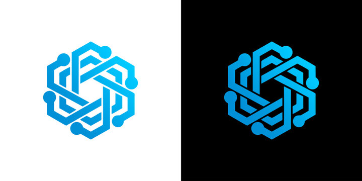 Abstract hexagonal circuit board logo icon representing technology network and data connection