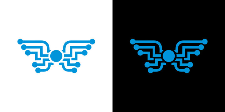 Abstract blue circuit board wings logo design for technology and innovation branding, symbolizing digital flight and electronic connectivity