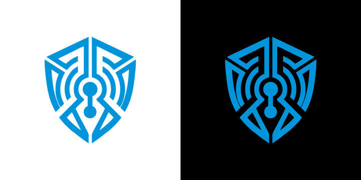 Abstract digital security shield logo icon with keyhole element and circuit lines for cyber protection and data safety technology solutions