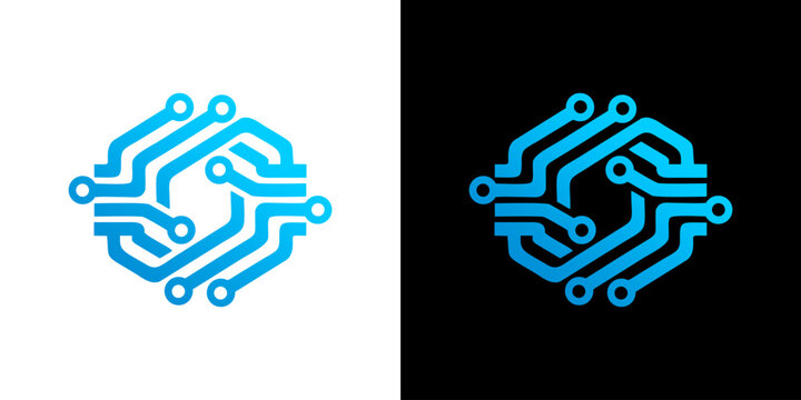 Blue hexagonal circuit board line art logo symbol for technology data and hardware connectivity icon set on white and black backgrounds
