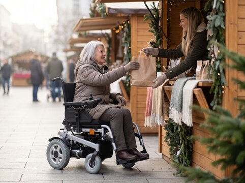 Woman in Wheelchair Enjoys Accessible Holiday Shopping at Outdoor Market